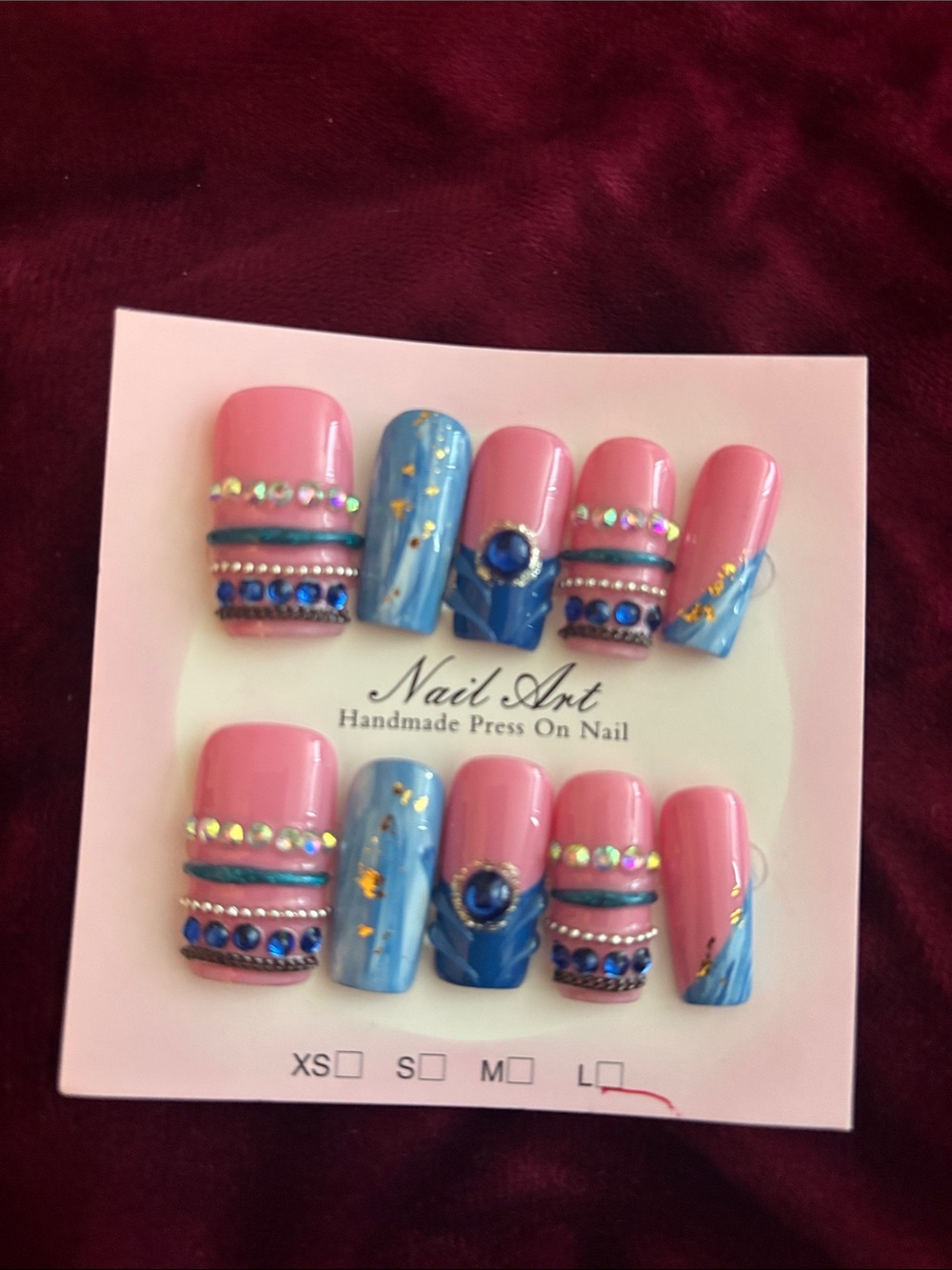 Pink & Blue Rhinestone Handmade Press-On Nails